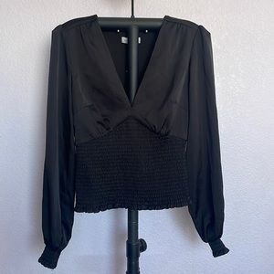 Brand New Gianni Bini Black Satin V-neck Smocked Blouse